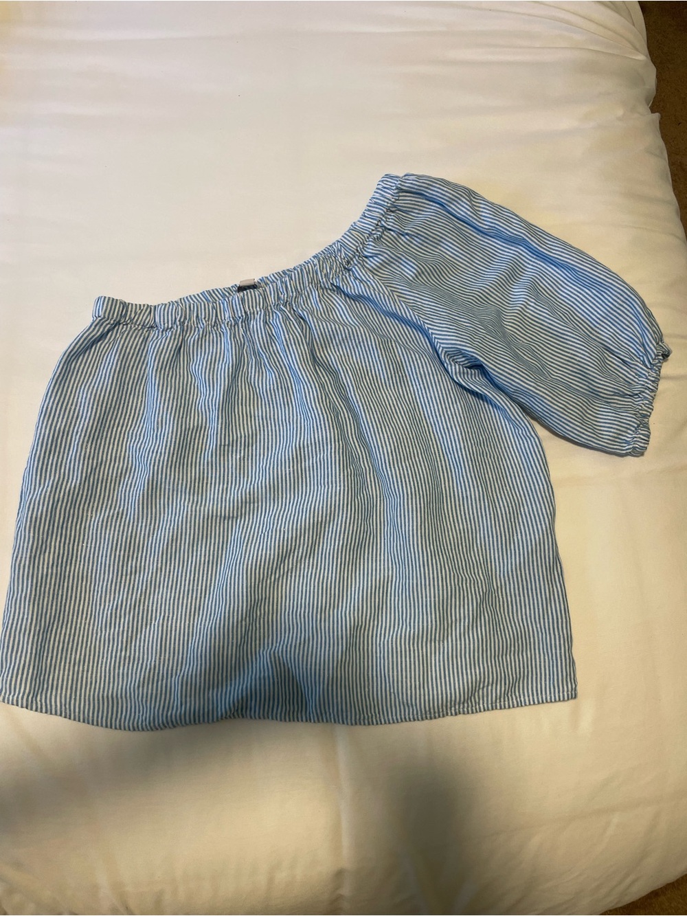 LOFT Light Blue and White Striped Off-Shoulder Top
